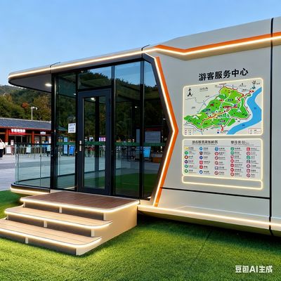 Smart Capsule House with Laminated Tempered Glass Fence Broken Bridge ประตูระเบียงเหล็กอัลลูมิเนียม และขนาด L8560 * W3460 * H3400